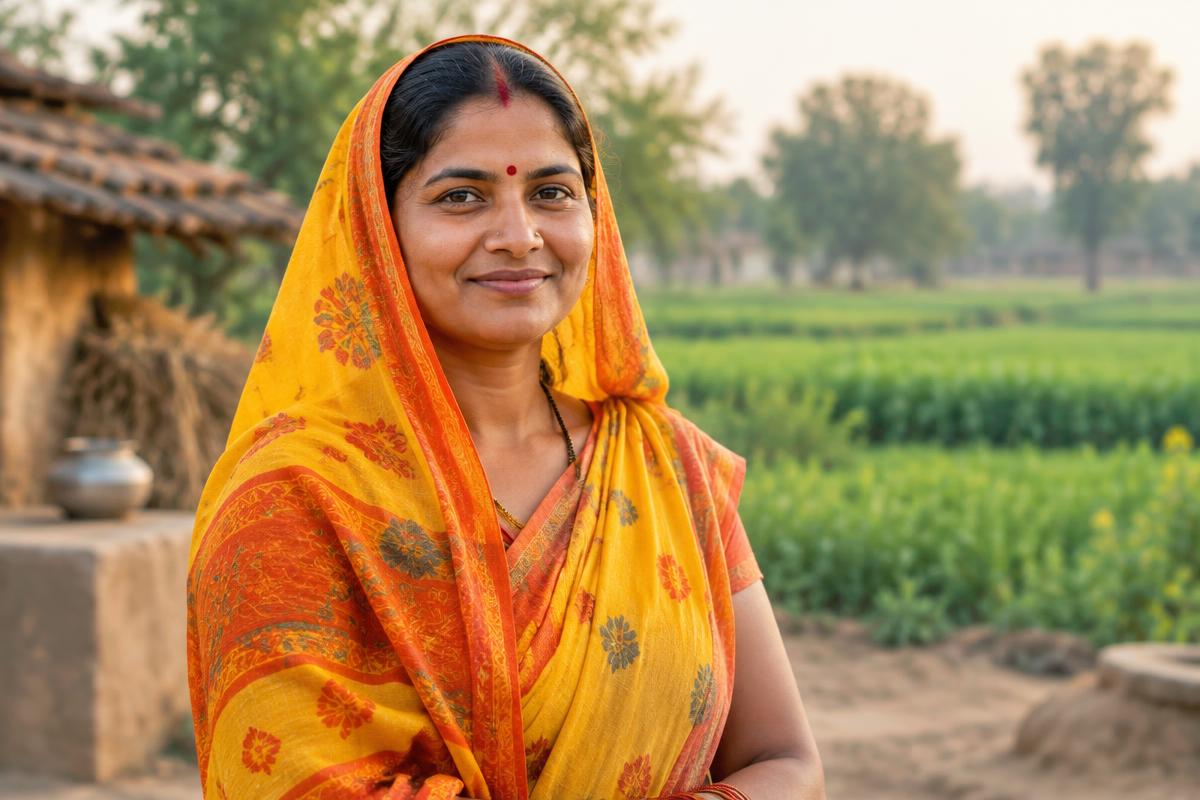 Woman entrepreneur in an orange saree standing in front of her village home